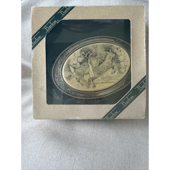 Accessories - Vintage NIB BARLOW Belt Buckle Scrimshaw Jump Deer Silver 4" Oval USA